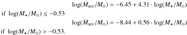 Mathematical equation: \begin{eqnarray} &&\log (\dot{M}_{\rm acc}/M_\odot) = -6.45 + 4.31 \cdot \log (M_\star/M_\odot) \nonumber\\&\hspace*{24mm}{\rm if}~\log (M_\star/M_\odot)\le -0.53 \nonumber\\ &&\log (\dot{M}_{\rm acc}/M_\odot) = -8.44 + 0.56 \cdot \log (M_\star/M_\odot) \nonumber\\&\hspace*{24mm}{\rm if}~\log (M_\star/M_\odot)> -0.53. \end{eqnarray}