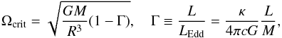 Mathematical equation: \begin{equation} \Omega_{\rm crit}=\sqrt{\frac{GM}{R^3}(1-\Gamma)},\quad \Gamma\equiv \frac{L}{L_{\rm Edd}}=\frac{\kappa}{4\pi c G}\frac{L}{M}, \end{equation}