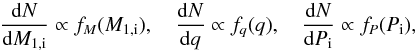 Mathematical equation: \appendix \setcounter{section}{2} \begin{equation} \frac{{\rm d} N}{{\rm d} M_{1,\rm i}}\propto f_{M}(M_{1, \rm i}),\quad \frac{{\rm d} N}{{\rm d} q}\propto f_{q}(q),\quad \frac{{\rm d} N}{{\rm d} P_{\rm i}}\propto f_{P}(P_{\rm i}), \end{equation}