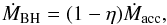 Mathematical equation: \begin{equation} \dot{M}_{\rm BH}= (1-\eta)\dot{M}_{\rm acc}, \label{equ:mdotbh} \end{equation}