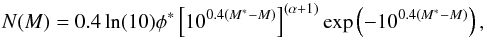 Mathematical equation: \begin{equation} \label{eq:schech} N(M) = 0.4\ln(10)\phi^* \left[10^{0.4\left(M^*-M\right)}\right]^{(\alpha+1)} \exp \left(-10^{0.4\left(M^*-M\right)}\right), \end{equation}