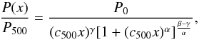 Mathematical equation: \begin{equation} \frac{P(x)}{P_{500}} = \frac{P_0}{(c_{500}x)^\gamma [1+(c_{500}x)^\alpha]^{\frac{\beta-\gamma}{\alpha}}} \label{eq:arnaud} , \end{equation}