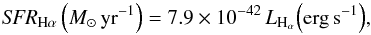 Mathematical equation: \begin{equation} {{\it SFR}_ {\rm H\alpha}\left(M_\sun\,\rm yr^{-1}\right)} = 7.9\times 10^{-42}\,L_{\rm H_\alpha} \mathrm{\left(erg\,s^{-1}\right)}, \end{equation}