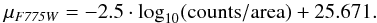 Mathematical equation: \begin{equation} \label{HSTmagnitude} \mu_{\mathit{F775W}} = -2.5 \cdot \log_{10}(\mathrm{counts}/\mathrm{area})+25.671. \end{equation}