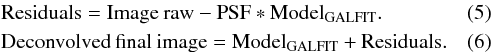 Mathematical equation: \begin{eqnarray} \label{Deconvolution_1} &&\rm Residuals = Image \: raw - PSF \ast Model_{\rm GALFIT}. \\ \label{Deconvolution_2} &&\rm Deconvolved \: final \: image = Model_{\rm GALFIT} + Residuals. \end{eqnarray}