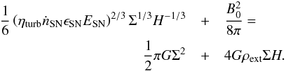 Mathematical equation: \begin{eqnarray} \nonumber {1 \over 6} \left( \eta_{\rm turb} \dot{n}_{\rm SN} \epsilon_{\rm SN} E_{\rm SN} \right)^{2/3} \Sigma^{1/3} H^{-1/3} &+& \frac{B_0^2}{8\pi} = \\ \frac{1}{2}\pi G \Sigma^2 &+& 4G\rho_{\rm ext} \Sigma H. \label{eq_model} \end{eqnarray}