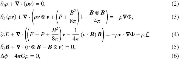 Mathematical equation: \begin{eqnarray} && \partial_t \rho + \vec{\nabla} \cdot \left( \rho \vec{v} \right) = 0, ~\\ && \partial_t \left( \rho \vec{v} \right) + \vec{\nabla} \cdot \left( \rho \vec{v} \otimes \vec{v} + \left( P + \frac{B^2}{8\pi} \right) \tens{I} - \frac{\vec{B} \otimes \vec{B}}{4\pi} \right) = -\rho\vec{\nabla} \Phi, \label{eq:mhd-momentum}\\ && \partial_t E + \vec{\nabla} \cdot \left(\left( E + P + \frac{B^2}{8\pi} \right) \vec{v} - \frac{1}{4\pi} \left( \vec{v} \cdot \vec{B} \right) \vec{B} \right) = -\rho \vec{v} \cdot \vec{\nabla} \Phi - \rho\mathcal{L}, \\ && \partial_t \vec{B} + \vec{\nabla} \cdot \left( \vec{v} \otimes \vec{B} - \vec{B} \otimes \vec{v} \right) = 0, ~\\ && \Delta \phi - 4\pi G \rho = 0,~~\label{eq:mhd-poisson} \end{eqnarray}