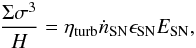 Mathematical equation: \begin{eqnarray} {\Sigma \sigma^3 \over H } = \eta_{\rm turb} \dot{n}_{\rm SN} \epsilon_{\rm SN} E_{\rm SN}, \end{eqnarray}