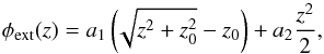 Mathematical equation: \begin{equation} \phi_{\rm ext}(z) = a_1 \left(\!\sqrt{z^2 + z_0^2} - z_0\right) + a_2 \frac{z^2}{2}, \label{eq:ext-potential} \end{equation}