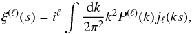Mathematical equation: \begin{equation} \xi^{(\ell)}(s)=i^\ell\int\frac{{\rm d}k}{2\pi^2}k^2P^{(\ell)}(k)j_\ell(ks), \end{equation}