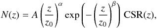 Mathematical equation: \begin{equation} N(z)=A\left(\frac{z}{z_0}\right)^\alpha\exp\left(-\left(\frac{z}{z_0}\right)^\beta\right)\,\CSR(z) , \label{eq:nz} \end{equation}