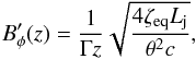 Mathematical equation: \begin{equation} \label{eq:Bfield} B'_{\phi}(z) = \frac{1}{\Gamma z}\sqrt{\frac{4\zeta_{\rm eq}L_{\rm{j}}}{\theta^2c}}, \end{equation}