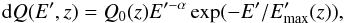 Mathematical equation: \begin{equation} {\rm d}Q(E',z) = Q_0(z) E'^{-\alpha} \exp(-E'/E'_{\rm max}(z)), \end{equation}