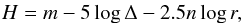 Mathematical equation: \begin{eqnarray*} H=m-5 \log \Delta - 2.5 n \log r, \end{eqnarray*}