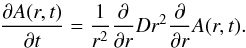 Mathematical equation: \begin{eqnarray} \label{diffeq} \frac{\partial A(r,t)}{\partial t} = \frac{1}{r^2}\frac{\partial}{\partial r} D r^2 \frac{\partial}{\partial r} A(r,t) . \end{eqnarray}