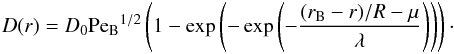 Mathematical equation: \begin{eqnarray} \label{newEVTdiffusion} D(r) = D_0 \mathrm{Pe_{B}}^{1/2} \left( 1- \exp{\left( - \exp{\left(- \frac{(r_{\mathrm{B}}-r)/R - \mu}{ \lambda} \right)} \right)} \right)\cdot \end{eqnarray}