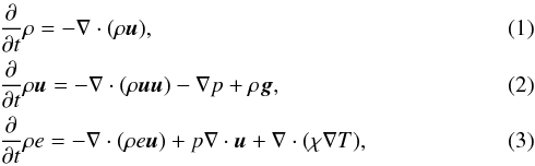 Mathematical equation: \begin{eqnarray} \label{densityeq} &&\frac{\partial}{\partial t} \rho = -\nabla \cdot (\rho \vec{u}), \\ \label{momeq} &&\frac{\partial}{\partial t} \rho \vec{u} = -\nabla \cdot (\rho \vec{u} \vec{u}) - \nabla p + \rho \vec{g} , \\ \label{ieneq} &&\frac{\partial}{\partial t} \rho e = -\nabla \cdot (\rho e\vec{u}) + p \nabla \cdot \vec{u} + \nabla \cdot (\chi \nabla T) , \end{eqnarray}
