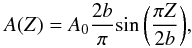 Mathematical equation: \begin{equation} {A(Z)}={A_0}{\frac{2b}{\pi}} {\sin\left(\frac{{\pi}{Z}}{2b}\right)}, \end{equation}