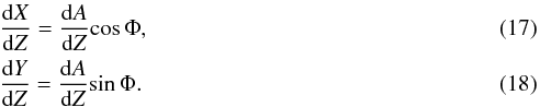 Mathematical equation: \begin{eqnarray} && {\frac{{\rm d}X}{{\rm d}Z}}={\frac{{\rm d}A}{{\rm d}Z}}{\cos{\Phi}}, \\ && {\frac{{\rm d}Y}{{\rm d}Z}}={\frac{{\rm d}A}{{\rm d}Z}}{\sin{\Phi}}. \end{eqnarray}