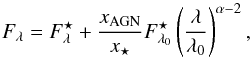 Mathematical equation: \begin{equation} \label{Eq:Linear_Combination_Modified} F_{\lambda} = F^{\star}_{\lambda} + \frac{x_{\mathrm{AGN}}}{x_{\star}} F^{\star}_{\lambda_0} \left( \frac{\lambda}{\lambda_0} \right)^{\alpha-2} , \end{equation}