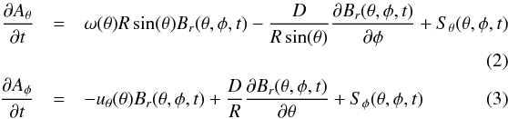 Mathematical equation: \begin{eqnarray} \frac{\partial A_\theta}{\partial t}&=&\omega(\theta)R\sin(\theta)B_r(\theta,\phi,t)-\frac{D}{R\sin(\theta)}\frac{\partial B_r(\theta,\phi,t)}{\partial \phi}+S_\theta(\theta,\phi,t) \label{eq:at} \notag \\ \\ \frac{\partial A_\phi}{\partial t}&=&-u_\theta(\theta) B_r(\theta,\phi,t)+\frac{D}{R}\frac{\partial B_r(\theta,\phi,t)}{\partial \theta}+S_\phi(\theta,\phi,t) \label{eq:ap} \end{eqnarray}