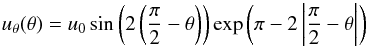 Mathematical equation: \begin{equation} u_\theta(\theta)=u_0\sin\left(2\left(\frac{\pi}{2}-\theta\right)\right)\exp\left(\pi-2\left|\frac{\pi}{2}-\theta\right|\right) \end{equation}