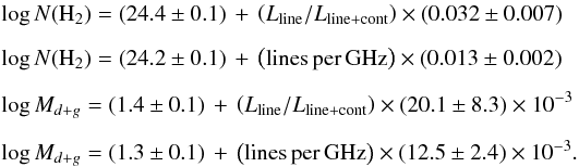 Mathematical equation: \begin{eqnarray} && \log{N(\mathrm{H}_{2})} = (24.4\pm0.1)\,+\,\left(L_\mathrm{line}/L_\mathrm{line+cont}\right)\times(0.032\pm0.007) \nonumber \\[2mm] && \log{N(\mathrm{H}_{2})} = (24.2\pm0.1)\,+\,\left(\mathrm{lines\,per\,GHz}\right)\times(0.013\pm0.002) \nonumber \\[2mm] &&\log{M_{d+g}} = (1.4\pm0.1)\,+\,\left(L_\mathrm{line}/L_\mathrm{line+cont}\right)\times(20.1\pm8.3)\times10^{-3} \nonumber \\[2mm] &&\log{M_{d+g}} = (1.3\pm0.1)\,+\,\left(\mathrm{lines\,per\,GHz}\right)\times(12.5\pm2.4)\times10^{-3}. \nonumber \end{eqnarray}