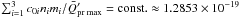 Mathematical equation: \hbox{$\sum_{i = 1}^{3} c_{0i} n_{i} m_{i} / \bar{Q}'_{\text{pr~max}} = {\rm const.} \approx 1.2853 \times 10 ^{-19}$}