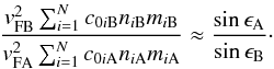 Mathematical equation: \begin{equation} \label{tilted} \frac{v_{\text{FB}}^{2} \sum_{i = 1}^{N} c_{0i\text{B}} n_{i\text{B}} m_{i\text{B}}}{v_{\text{F\text{A}}}^{2} \sum_{i = 1}^{N} c_{0i\text{A}} n_{i\text{A}} m_{i\text{A}}} \approx \frac{\sin \epsilon_{\text{A}}}{\sin \epsilon_{\text{B}}}\cdot \end{equation}