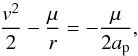 Mathematical equation: \appendix \setcounter{section}{1} \begin{equation} \label{parent} \frac{v^{2}}{2} - \frac{\mu}{r} = - \frac{\mu}{2 a_{\text{p}}} , \end{equation}