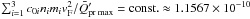 Mathematical equation: \hbox{$\sum_{i = 1}^{3} c_{0i} n_{i} m_{i} v_{\text{F}}^{2} / \bar{Q}'_{\text{pr~max}} = {\rm const.} \approx 1.1567 \times 10 ^{-10}$}