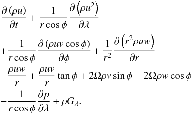 Mathematical equation: \appendix \setcounter{section}{3} \begin{eqnarray} &&\frac{\partial\left(\rho u\right)}{\partial t}+\frac{1}{r\cos\phi}\frac{\partial\left(\rho u^2\right)}{\partial \lambda}\nonumber\\ &&+ \frac{1}{r\cos\phi}\frac{\partial\left(\rho u v\cos\phi\right)}{\partial\phi}+\frac{1}{r^2}\frac{\partial\left(r^2\rho u w\right)}{\partial r}= \nonumber\\ &&-\frac{\rho uw}{r}+\frac{\rho uv}{r}\tan\phi+2\Omega\rho v\sin\phi-2\Omega\rho w\cos\phi \nonumber\\ &&-\frac{1}{r\cos\phi}\frac{\partial p}{\partial\lambda}+\rho G_{\lambda}. \label{stage_five} \end{eqnarray}