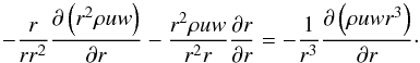 Mathematical equation: \appendix \setcounter{section}{3} \begin{equation} -\frac{r}{rr^2}\frac{\partial\left(r^2\rho u w\right)}{\partial r}-\frac{r^2\rho uw}{r^2r}\frac{\partial r}{\partial r}= -\frac{1}{r^3}\frac{\partial\left(\rho uwr^3\right)}{\partial r}\cdot \label{compress_uw} \end{equation}