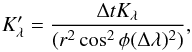 Mathematical equation: \begin{equation} K_\lambda^\prime=\frac{\Delta t K_\lambda}{(r^2\cos^2\phi(\Delta\lambda)^2)}, \label{k_lambda} \end{equation}