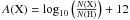 Mathematical equation: \hbox{$A{\rm (X)}=\log_{10}{\left( \frac{ N{\rm \left(X\right)} }{ N{\rm \left(H\right)}} \right)} + 12$}