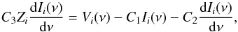 Mathematical equation: \begin{equation} C_{3}Z_{i}\frac{{\rm d}I_{i}(\nu)}{{\rm d}\nu}= V_{i}(\nu) - C_{1}I_{i}(\nu) - C_{2}\frac{{\rm d}I_{i}(\nu)}{{\rm d}\nu} , \end{equation}