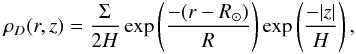 Mathematical equation: \begin{eqnarray} \label{densitedisk} \rho_{D}(r,z) = \frac{\Sigma}{2H} \exp \left(\frac{-(r-R_{\odot})}{R} \right) \exp \left( \frac{-|z|}{H} \right) , \end{eqnarray}