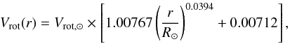 Mathematical equation: \begin{equation} V_{\rm rot}(r) = V_{\rm rot,\odot} \times \left[ 1.00767 \left( \frac{r}{R_{\odot}} \right)^{0.0394} + 0.00712 \right] , \end{equation}