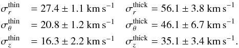 Mathematical equation: \begin{eqnarray} \label{velocity} \sigma_r^{\rm thin} &= 27.4\pm 1.1 ~{\rm km\,s^{-1}} &\sigma_r^{\rm thick} = 56.1\pm 3.8~{\rm km\,s^{-1}} \nonumber \\ \sigma_{\theta}^{\rm thin} &= 20.8\pm 1.2~{\rm km\,s^{-1}} &\sigma_{\theta}^{\rm thick} = 46.1\pm 6.7~{\rm km\,s^{-1}} \\ \sigma_z^{\rm thin} &= 16.3\pm 2.2~{\rm km\,s^{-1}} &\sigma_z^{\rm thick} = 35.1\pm 3.4~{\rm km\,s^{-1}}. \nonumber \end{eqnarray}