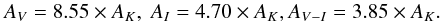 Mathematical equation: \begin{equation} A_V=8.55\times A_K,\ A_I=4.70\times A_K, A_{V-I}=3.85\times A_K. \end{equation}