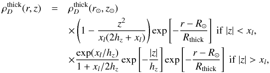 Mathematical equation: \appendix \setcounter{section}{2} \begin{eqnarray} \rho_{D}^{\rm thick}(r,z) &=& \rho_{D}^{\rm thick}(r_{\odot},z_{\odot}) \nonumber \\ && \times \left(1-\frac{z^2}{x_l (2h_z+x_l)}\right) \exp\left[-\frac{r-R_{\odot}}{R_{\rm thick}} \right]~\mathrm{if}~|z|<x_l, \nonumber\\ & & \times \frac{\exp(x_l/h_z)}{1+x_l/2h_z}\exp\left[-\frac{|z|}{h_z}\right] \exp \left[ -\frac{r-R_{\odot}}{R_{\rm thick}} \right]~ \mathrm{if}~|z|>x_l, \end{eqnarray}