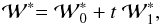 Mathematical equation: \begin{equation} \mathcal{W}^{\ast }\mathcal{=W}_{0}^{\ast }+t~\mathcal{W}_{1}^{\ast }, \label{L140} \end{equation}