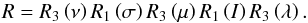 Mathematical equation: \begin{equation} R=R_{3}\left( \nu \right) R_{1}\left( \sigma \right) R_{3}\left( \mu \right) R_{1}\left( I\right) R_{3}\left( \lambda \right) . \label{L20} \end{equation}