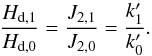 Mathematical equation: \begin{equation} \frac{H_{\rm d,1}}{H_{\rm d,0}}=\frac{J_{2,1}}{J_{2,0}}=\frac{k_{1}^{\prime }}{ k_{0}^{\prime }}. \label{L64b} \end{equation}