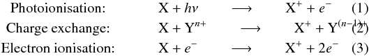 Mathematical equation: \begin{eqnarray} &\text{Photoionisation:}& \qquad \text{X} + h\nu \qquad \longrightarrow \qquad \text{X}^+ + e^- \label{eq:PI} \\ & \text{Charge exchange:}& \qquad \text{X} + \text{Y}^{n+} \qquad \longrightarrow \qquad \text{X}^+ + \text{Y}^{(n-1)+} \label{eq:CX} \\ &\text{Electron ionisation:}& \qquad \text{X} + e^- \qquad \longrightarrow \qquad \text{X}^+ + 2e^- \label{eq:EI} \end{eqnarray}