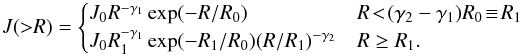 Mathematical equation: \begin{equation} J({>}R)=\begin{cases} J_0R^{-\gamma_1}\exp(-R/R_0)&R\!<\!(\gamma_2-\gamma_1)R_0\!\equiv \!R_1\\ J_0R_1^{-\gamma_1}\exp(-R_1/R_0)(R/R_1)^{-\gamma_2}&R\geq R_1. \end{cases} \end{equation}