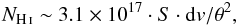 Mathematical equation: \begin{eqnarray*} N_{\rm\HI}\sim3.1\times10^{17}\cdot S\cdot {\rm d}v/\theta^2, \end{eqnarray*}