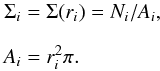 Mathematical equation: \begin{eqnarray} \label{eq:dens0} \begin{aligned} \Sigma_i &= \Sigma(r_i)= N_i/A_i ,\\[2mm] A_i &= r_i^2\pi . \end{aligned} \end{eqnarray}