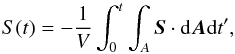 Mathematical equation: \begin{equation} S(t) = -\dfrac{1}{V}\int_0^t \int_A \vec{S} \cdot {\rm d}\vec{A}{\rm d}t', \end{equation}
