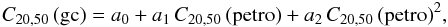 Mathematical equation: \appendix \setcounter{section}{1} \begin{eqnarray} C_{20,50}\,\text{(gc)} = a_0+a_1\,C_{20,50}\,\text{(petro)}+a_2\,C_{20,50}\,\text{(petro)}^2, \end{eqnarray}